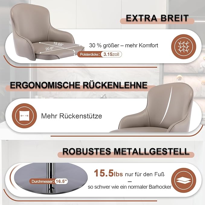 Black Titanium Stainless Steel Bar Stools,Grade Modern Leather Bar Chair with Backrest,Swivel Adjustable Height for Kitchen Counter and Dining Room (Grey leather-1pc)