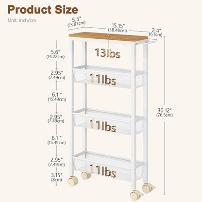Hoctieon Slim Rolling Storage Cart, 4-Tier Narrow Kitchen Storage Cart with Handle & Wheels, Mobile Shelving Unit, Wooden Top & Metal Frame, Utility Cart for Kitchen, Small Spaces, Oak Beige