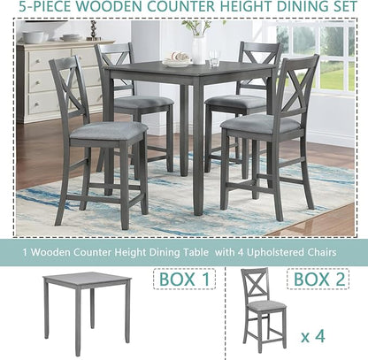 KEIKI 5-Piece Counter Height Dining Table Set with Square Table and 4 Upholstered X-Shaped Backrset Chair, for 4 Person, Modern Style Wooden Table Set, Easy Assembly, for Kitchen, Dining Room, Gray