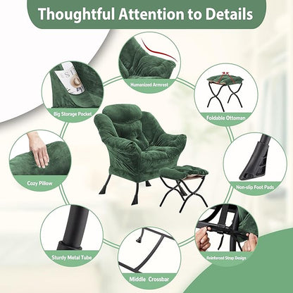 Lazy Chair with Folding Ottoman, Accent Chair Plush Upholstered with Metal Structure and Non-Slip Pads, Sofa Armchair with Footrest and Side Storage Bag for Dorm, Room, Office, Green