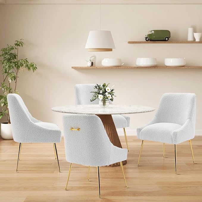 Modern Velvet Dining Chairs Set of 4, Contemporary Upholstered Furniture Collection with Polished Gold Metal Legs, Elegant Accent Chairs for Kitchen Living Room(Teddy Fleece,White)