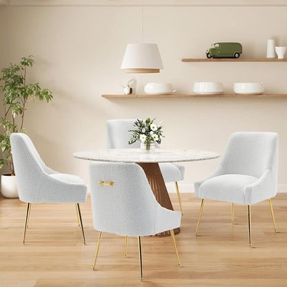 Modern Velvet Dining Chairs Set of 4, Contemporary Upholstered Furniture Collection with Polished Gold Metal Legs, Elegant Accent Chairs for Kitchen Living Room(Teddy Fleece,White)