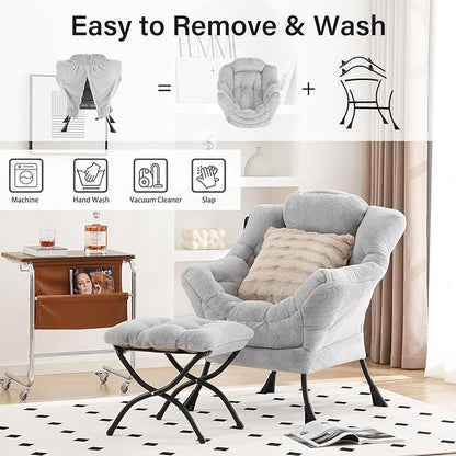 Lazy Chair with Ottoman, Modern Large Accent Lounge Chair with a Pillow, Leisure Sofa Armchair, Reading Chair with Footrest for Bedroom, Living Room,Plush Light Grey