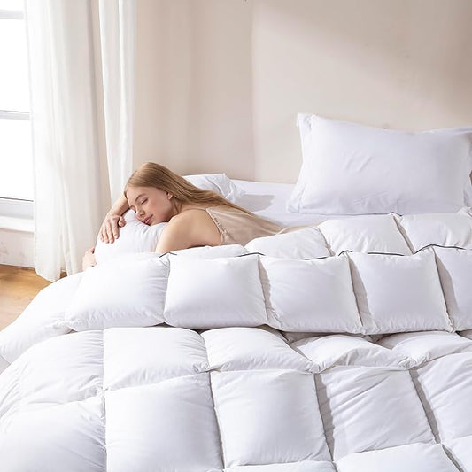 DOWNCOOL Feather Comforter Oversized King Size, Ultra Soft Fluffy Duvet Insert with 100% Cotton Cover, All Season Luxurious Hotel Bedding Comforters with Corner Tabs, White 116"x98"