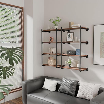 Industrial Pipe Shelf Brackets Wall Mount,Open Black Pipe Shelving for Kitchen,Floating Shelf Brackets Mount,Open Bookshelf Brackets for Shelves,Wall Shelves 12 Inch Deep,(2PcsX4Tier,47" Tall)