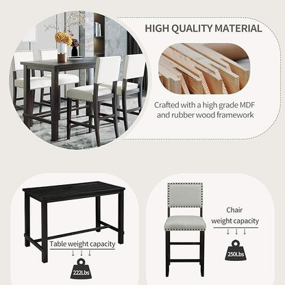 5 Pieces Dining Table Set,Wooden Living Room Furniture with 52" Rectangle Kitchen Desk,4 Upholstered Chairs W/Curved Backrests,for Restaurant,Home Bistro,Espresso and Beige