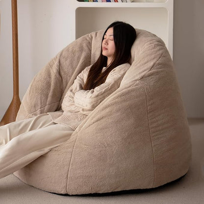 N&V Large Shell Bean Bag Chair, Adult Size Bean Bag Sack, Foam Filling, Includes Removable and Machine Washable Cover, 40in, Soft Faux Fur, Champagne