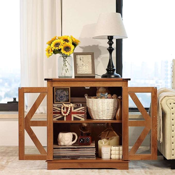 Farmhouse End Table, 24" Large End Tables with Storage, Rustic Square Sofa Beside Table with Glass Barn Door, Wood Side Table Square Nightstand for Living Room, Bedroom, Office (Vintage Brown)