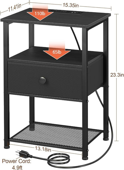 Night Stand Set 2, Black Nightstand with Charging Station, End Tables Living Room with Fabric Drawer for Small Spaces, Side Tables with Storage Shelf for Bedroom, HETS010BK