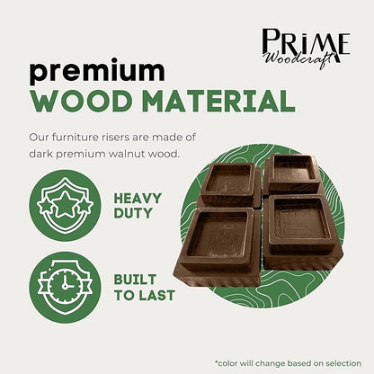Walnut Wood Risers - 2 Inch Height, 4 Risers, Walnut - Square Bed Risers for Storage and Cleaning - Heavy Duty Furniture Lifter for Table, Couch and Sofa Legs at Home and Office