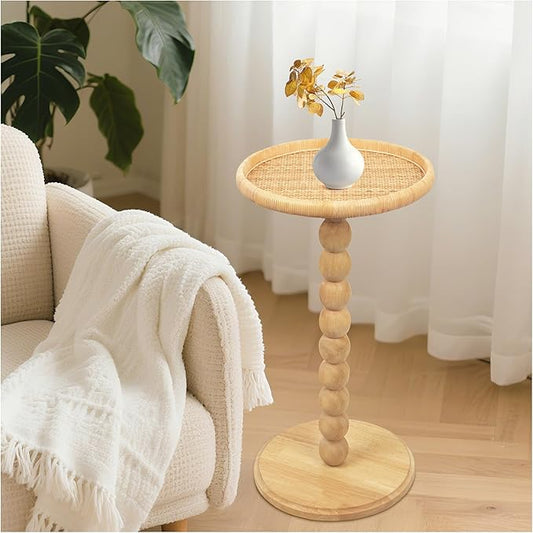 Round Side Table, Solid Wood Small Drink Table for Small Spaces, Boho Rattan End Table for Living Room, Modern Accent Table for Couch, Bedroom, Corners