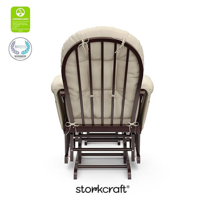 Storkcraft Premium Hoop Glider & Ottoman (Espresso with Beige) — GREENGUARD Gold Certified, Solid Wood Craftsmanship, Convenient Storage Pockets, Smooth-Gliding Chair for Nursery, Multi-Award-Winning