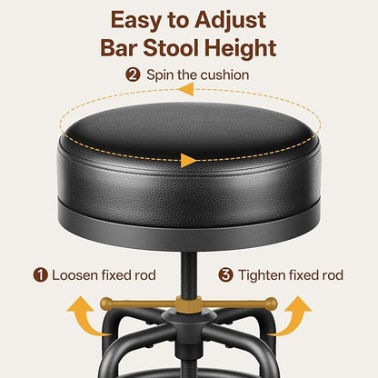 Adjustable Height Swivel Bar Stool, 22-29 Inch Industrial Vintage Bar Counter Height Stool with Thicken Premium Bonded Leather Seat & Updated Footrest, Easy Assembly, Black