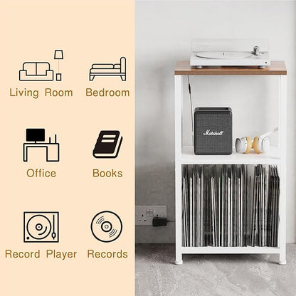 End Table with LED Light,Record Player Stand with Albums Storage,Vinyl Records Storage,Turntable Stand Side Table for Music Room Studio Living Room Bedroom-White