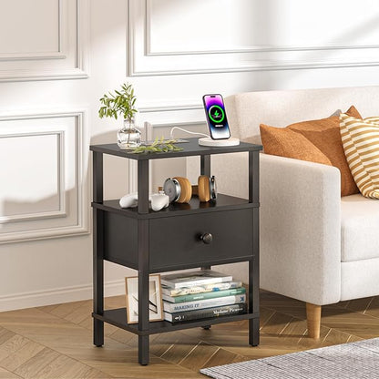 Lerliuo Nightstand Set of 2 with Charging Station and USB Ports, 3-Tier Storage End Table with Drawer Shelf, Night Stand for Small Spaces, Wood Bedside Table for Living Room, Bedroom - Classic Black