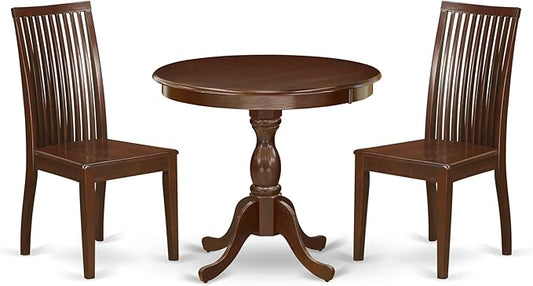 East West Furniture AMIP3-MAH-W 3 Piece Dining Table Set for Small Spaces Contains a Round Kitchen Table with Pedestal and 2 Kitchen Dining Chairs, 36x36 Inch, Mahogany