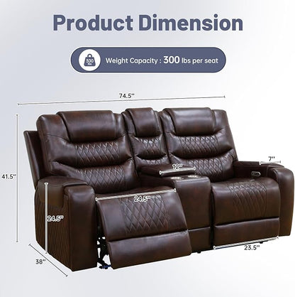 PU Leather Power Wall Hugger Chair Double Reclining Sectional Sofa 2-Seater Loveseat Couch with Center Storage Console, USB Ports, Cup Holders and Ambient LED Light for Living Room RV Theater Seating