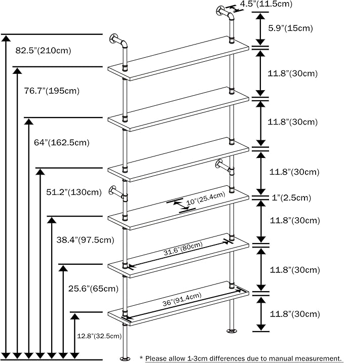 6 Tier Industrial Ladder Shelf Bookcase, Wall Mounted Rustic Bookshelf for Living Room Decor and Storage (White, 6 Tier - 10" D x 36" W x 82.5" H)