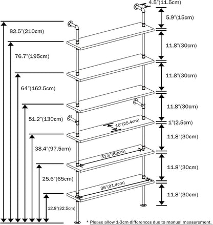 6 Tier Industrial Ladder Shelf Bookcase, Wall Mounted Rustic Bookshelf for Living Room Decor and Storage (White, 6 Tier - 10" D x 36" W x 82.5" H)