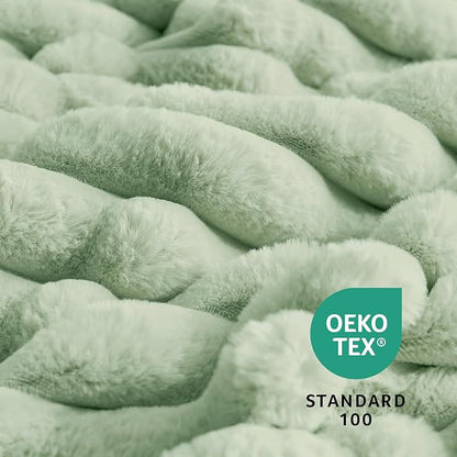Amélie Home Faux Fur Throw Blanket for Couch, Cozy Fuzzy Fluffy Fur Luxurious Soft Striped Plush Gift Blankets for Family Sofa Chair Bed Living Room Bedroom, 55"x70", Sage Green