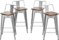 24 Inch Swivel Bar Stools Set of 4 with Backs Counter Height Industrial Metal Barstools Island Bar Chairs for Home Kitchen Dining Room (Swivel 24 inch, Silver Wooden)
