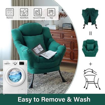 Lazy Chair with Pillow for Living Room, Modern Lounge Accent Chair with Armrests and a Throw Pillow, Leisure Sofa Chair Set, Reading Chair for Bedroom, Dorm Room, Office, Dark Green