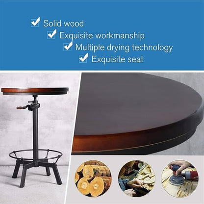 LOKKHAN Industrial Bar Table-33.5-39.4 Inch Tall-Adjustable Bar Height Pub Table-23.7 Inch Swivel Round Wood Top Metal Base-Easily Adjusts by Crank Handle