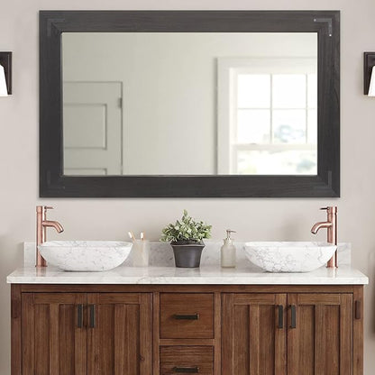 YOSHOOT Rustic Wooden Framed Wall Mirror, Natural Wood Bathroom Vanity Mirror for Farmhouse Decor, Vertical or Horizontal Hanging, 60" x 36", Black
