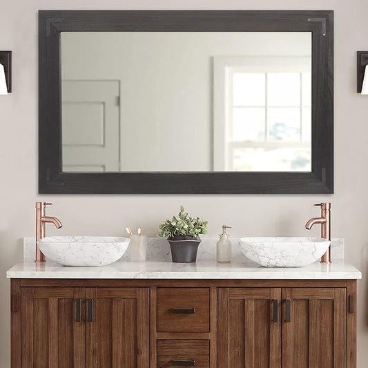 YOSHOOT Rustic Wooden Framed Wall Mirror, Natural Wood Bathroom Vanity Mirror for Farmhouse Decor, Vertical or Horizontal Hanging, 60" x 36", Black