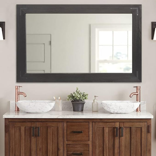 YOSHOOT Rustic Wooden Framed Wall Mirror, Natural Wood Bathroom Vanity Mirror for Farmhouse Decor, Vertical or Horizontal Hanging