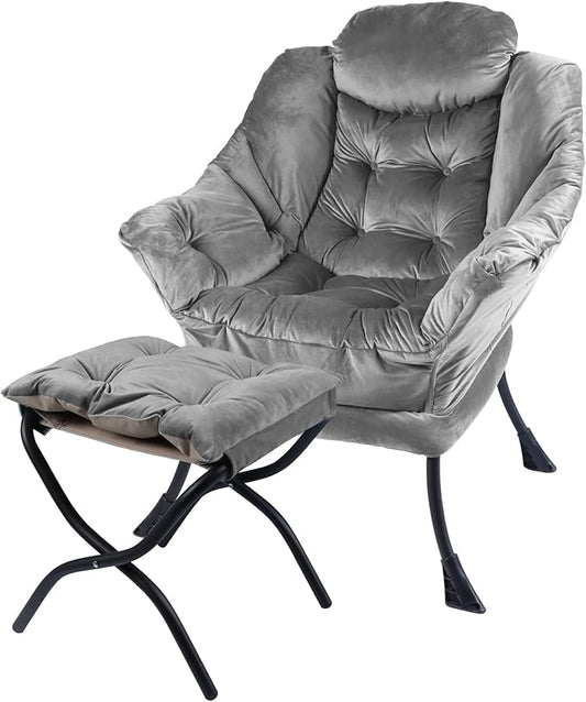 Lazy Chair with Folding Ottoman,Living Room Chairs, Accent Contemporary Lounge Chair, Single Steel Frame Leisure Sofa Chair with Armrests and A Side Pocket (DL22GRAY)