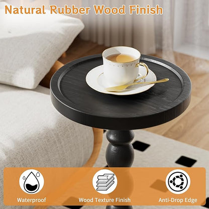 Rubber Wood‌ Small Side Table, Solid Wood‌ Round End Tables for Small Spaces, Martini Tables, Pedestal Drink Table for Living Room, Bedroom, Corners, and Office (Black, 9.4inch)