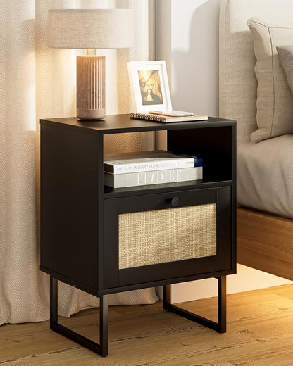 Rattan Nightstand, Mid Century Modern Night Stand,Boho Farmhouse Wood Bedside Table with Storage and Open Shelf, End Side Accent Table for Bedroom,Living Room,Black