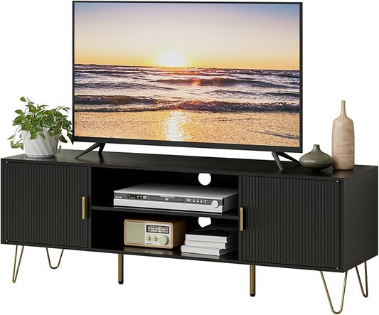 TV Stand for 55-65 inch TV, Entertainment Center with Soft Hinge Door,TV Console Table with 2 Cabinets with Gold Handle and Feet,for Living Room, Bedroom, Black
