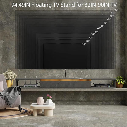 Floating TV Stand, 95'' Wall Mounted Entertainment Center TV Media Console, Floating Shelves with Door, Floating TV Cabinet Large Storage TV Bench for Living Room (Dark Grey, 94.49IN)