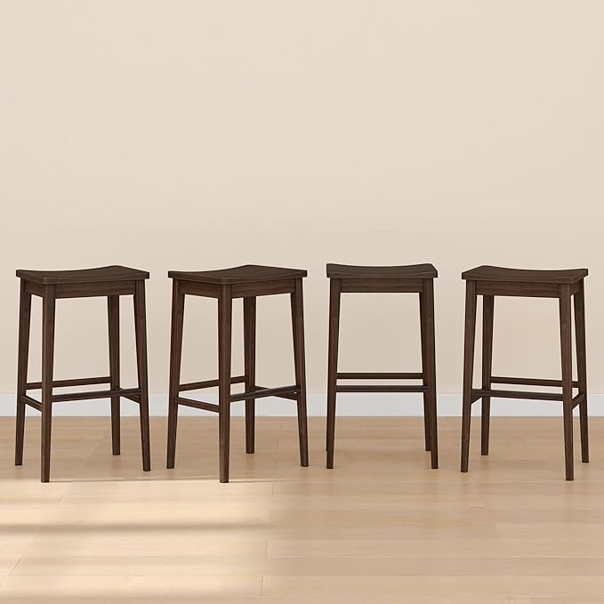 Plank+Beam Smythe Bar Stool, 30", Set of 4, Sturdy Wood Modern Kitchen Bar Height Stool, Saddle Seat Backless Bar Chair, Metal Footrest, Walnut