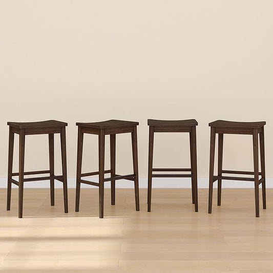 Plank+Beam Smythe Bar Stool, 30", Set of 4, Sturdy Wood Modern Kitchen Bar Height Stool, Saddle Seat Backless Bar Chair, Metal Footrest, Walnut