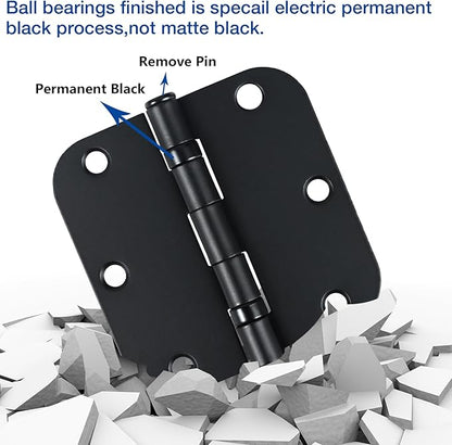 18 Pack Ball Bearing Round Matte Black Door Hinges 3.5 Inch 5/8" Radius Anti Squeak Interior 3-1/2"Flat Bifold Standard Bedroom Indoor for Doors 3 ½" Hardware Essentials House Home Decor Accessories