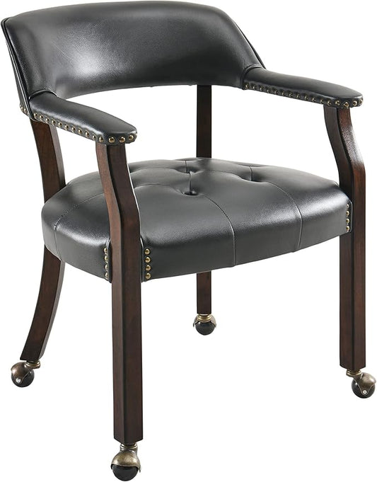 LEEMTORIG Large Dining Chairs with Casters and Arms, Rolling Dining Chairs with Wheels, Accent Game Poker Chairs, Boss Caption's Chairs, 26" D x 25.2" W x 31.5" H, Espresso Legs & Black PU, SY-318-BK
