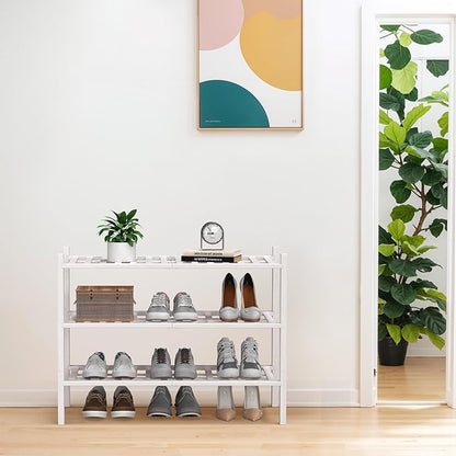 Haddockway Large 3 Tier Bamboo Shoe Rack Storage Organizer, Multifunctional Free Standing Stackable Shoe Shelf with Grid Panel for Closet,Hallway,Entryway,Small Space 27"x12"x21"(White, 3-Tier(Large))