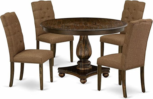 East West Furniture F2EL5-718 5 Piece Kitchen Table & Chairs Set Includes a Round Dining Table with Pedestal and 4 Brown Linen Linen Fabric Parson Chairs, 48x48 Inch, Distressed Jacobean