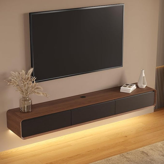 Minimalist Floating TV Stand with LED Lights, Modern Wall-Mounted Media Console with 3 Flip-Down Cabinet Doors for 75 Inch TV, Fully-Assembled, Walnut Veneer, 78"