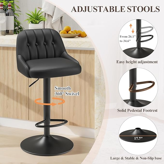 Bar Stools Set of 6, Swivel Bar Chairs, Modern Adjustable PU Leather Upholstered Barstools Counter Height with Tufted Back for Bar, Kitchen Counter Island, Dining Room, Black