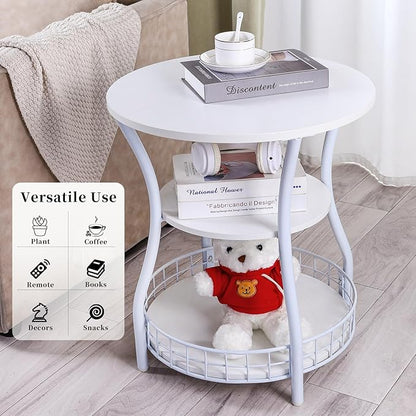 Round End Table, 3-Tier Side Table with Storage, Accent Corner Sofa Beside Table for Small Spaces,Steel Frame Nightstand for Living Room, Bedroom, Small Coffee Table,White