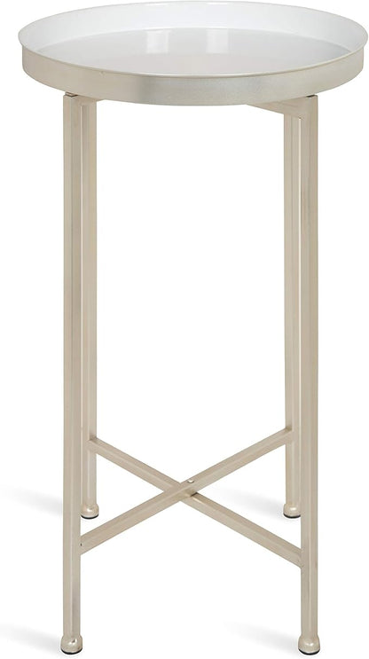 Kate and Laurel Celia Round Metal Foldable Tray Accent Table, White with Silver Base