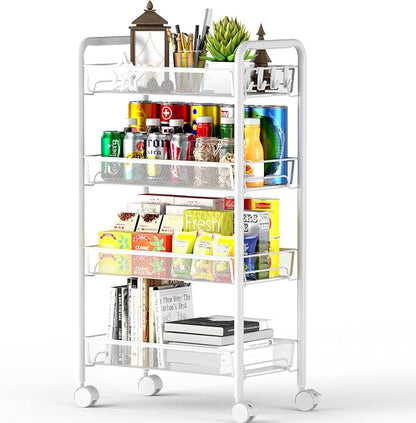 OVICAR 4 Tier Mesh Wire Rolling Cart, Kitchen Storage Organizer Utility Cart, Full Metal Basket Storage Art Trolley Carts with Wheels & 4 Side Hooks
