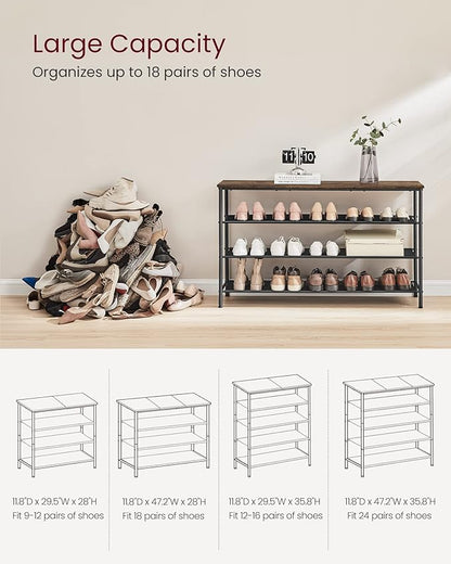 VASAGLE Shoe Rack, 4-Tier Shoe Storage Organizer for Entryway and Closet, Holds 15-18 Pairs of Shoes, 3 Fabric Shelves, Steel Frame, Industrial, Rustic Brown and Black ULBS135B01