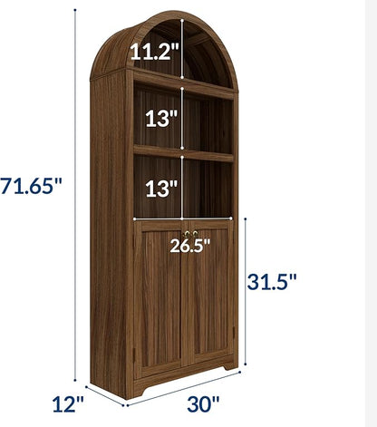 GAOMON 72'' Tall Arched Cabinet, 5 Tier Arched Bookshelf with Double Doors & Adjustable Shelf, Wooden Bookcase with Storage for Living Room, Bedroom, Study, Kitchen, Home Office, Walnut Color
