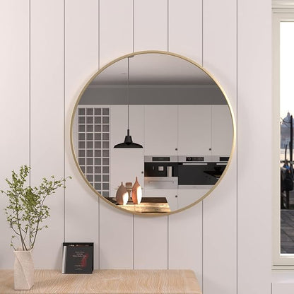36 inch Gold Circle Wall Mirror, Brushed Gold Metal Framed Round Mirror for Bathroom Vanity, Bedroom Decor, Living Room, Entryway