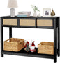 ZYBT Long Console Table, Rattan Entry Table, Console Tables for Entryway, Narrow Wood Console Table with Storage, Black Couch Table Hallway Table Boho Sofa Table for Living Room